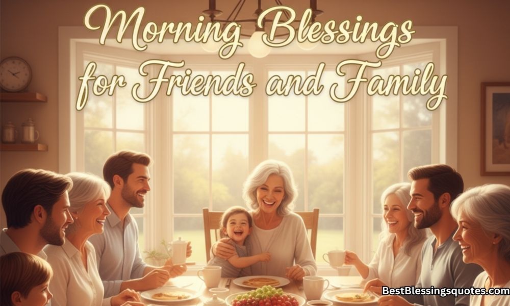 Heartwarming morning blessings image showing friends and family sharing smiles and love with sunrise light symbolizing positive relationships and gratitude