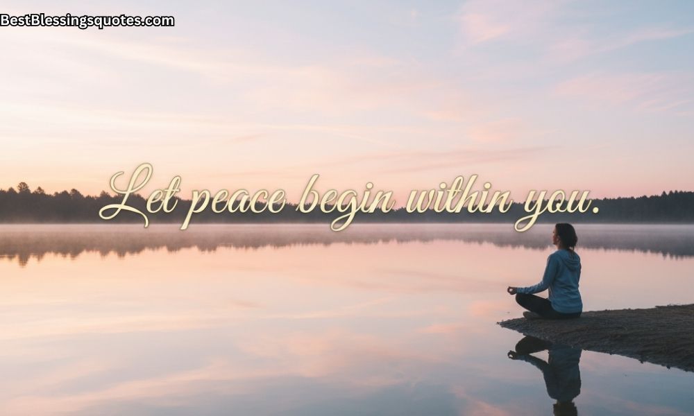 Calm morning scene with soft sunlight and a person meditating in prayer, reflecting inner peace and spiritual calmness.