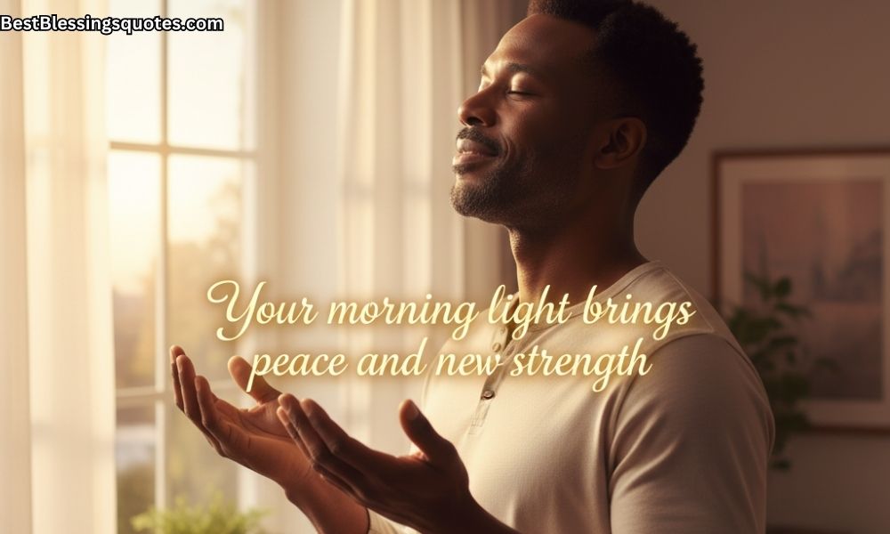 An African American man standing by a window with hands raised in morning prayer, soft sunlight on his face, symbolizing peace, hope, and new strength on Friday morning.