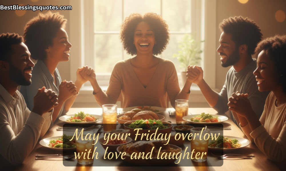 A group of African American friends holding hands in prayer before a meal, bright afternoon light shining in, symbolizing unity, joy, and Friday blessings of love and laughter.