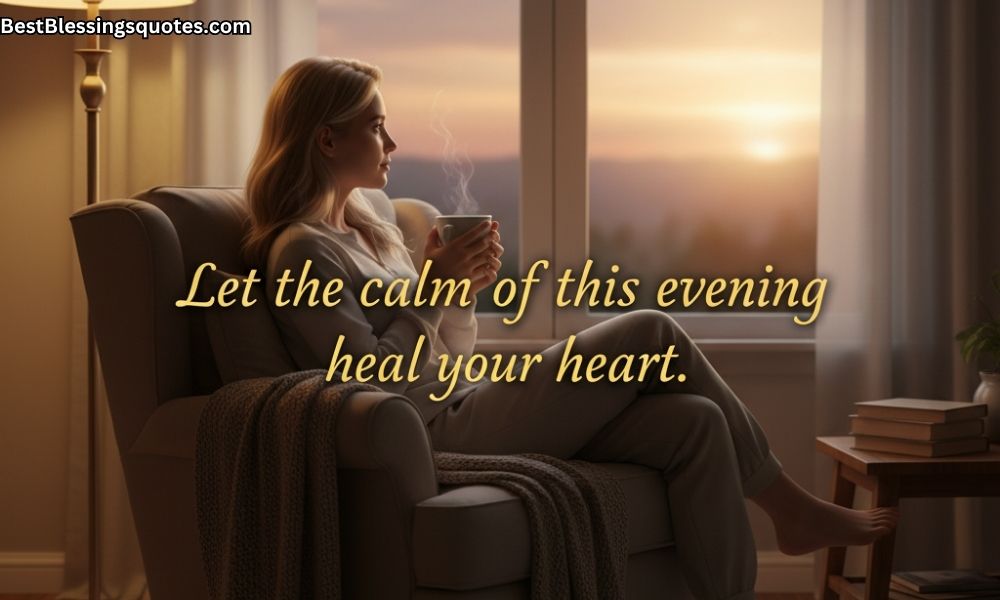 A cozy home with warm light and a cup of tea by the window at sunset — featuring the text “Let the calm of this evening heal your heart.”