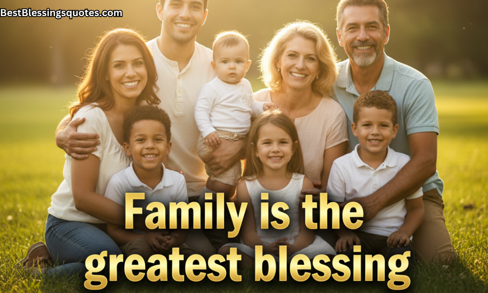 Family and Friends Blessings image with the message Family Is the Greatest Blessing in golden bold text