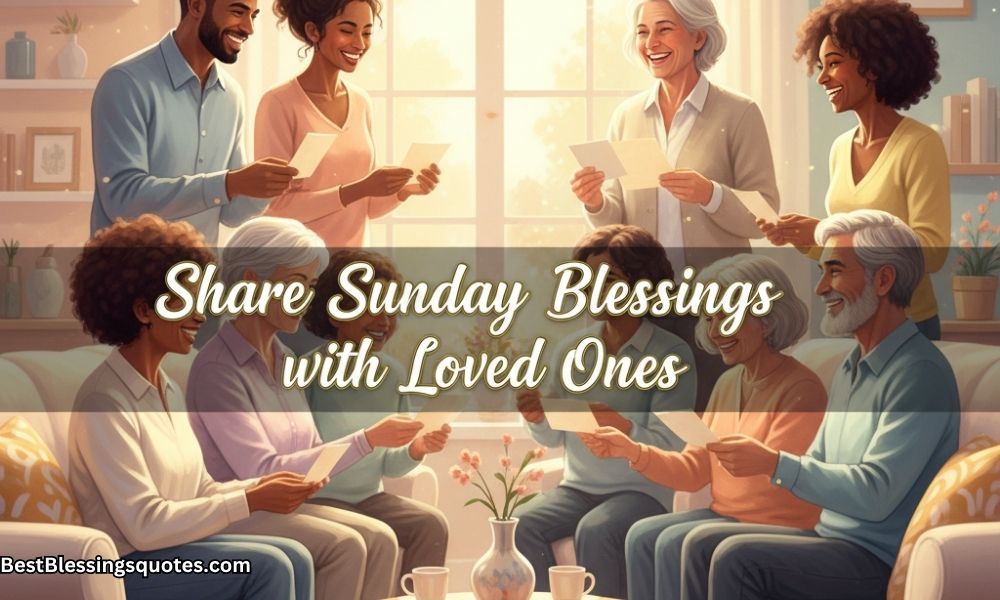 Family and friends exchanging Sunday blessing cards with laughter and love in a cozy home setting