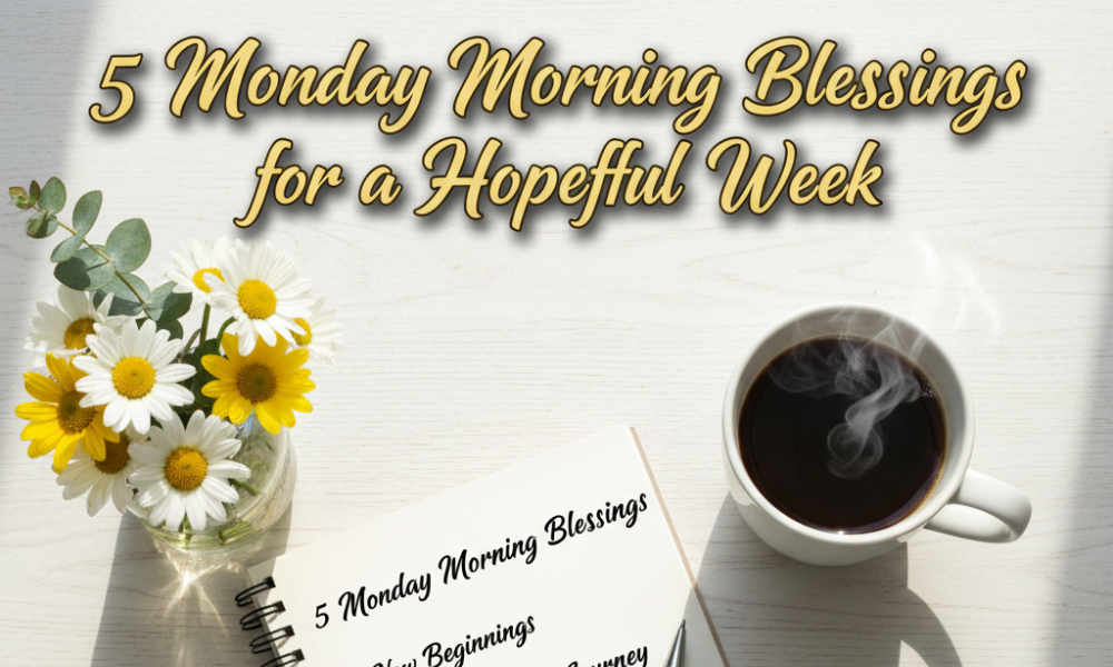 Open notebook and coffee on table symbolizing Monday morning blessings and a hopeful start