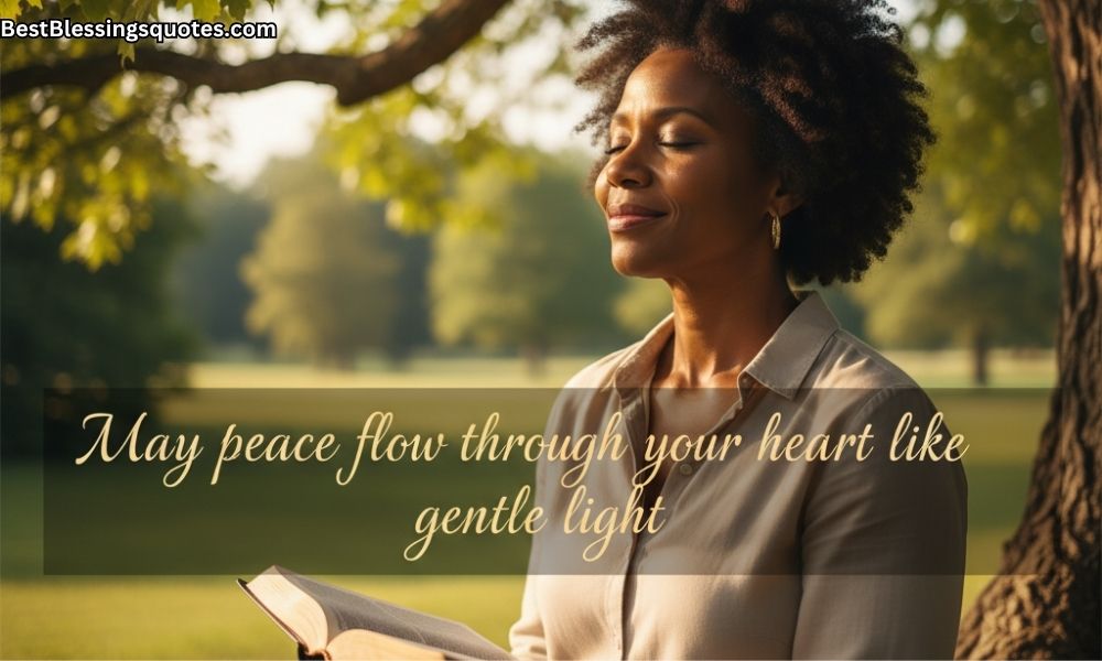 A middle-aged African American woman sitting under a tree reading a Bible in sunlight, symbolizing calm, peace, and gentle Friday blessings.