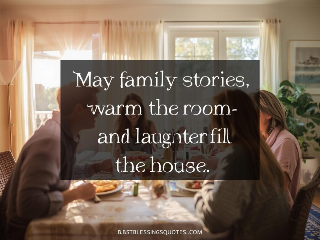 Cozy living room with family sharing a meal, representing love and care. Quote: &ldquo;May family stories warm the room and laughter fill the house.
