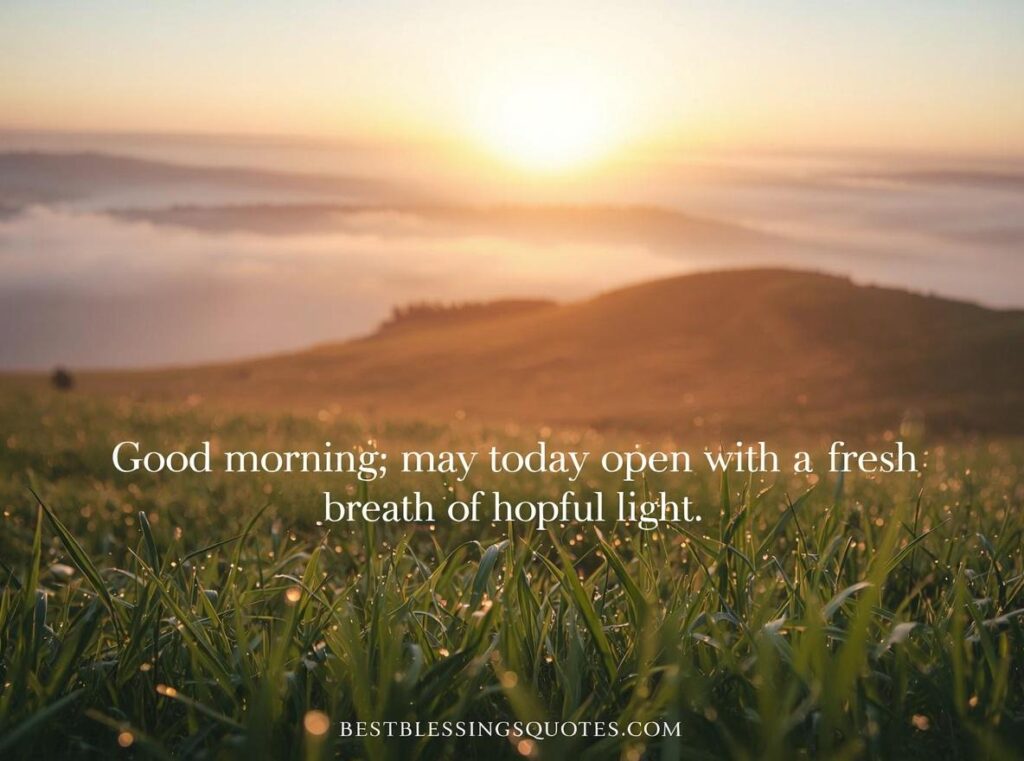 Sunrise over gentle hills with morning mist, symbolizing peace and calm. Text: &ldquo;Good morning, may today open with a fresh breath of hopeful light.