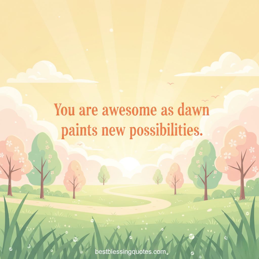 Alt Text: Fresh morning-themed digital image with pale yellow and pink hues, sunrise, and dew drops, blessing &ldquo;You are awesome as dawn paints new possibilities.&rdquo; Symbolizes morning and new beginnings.