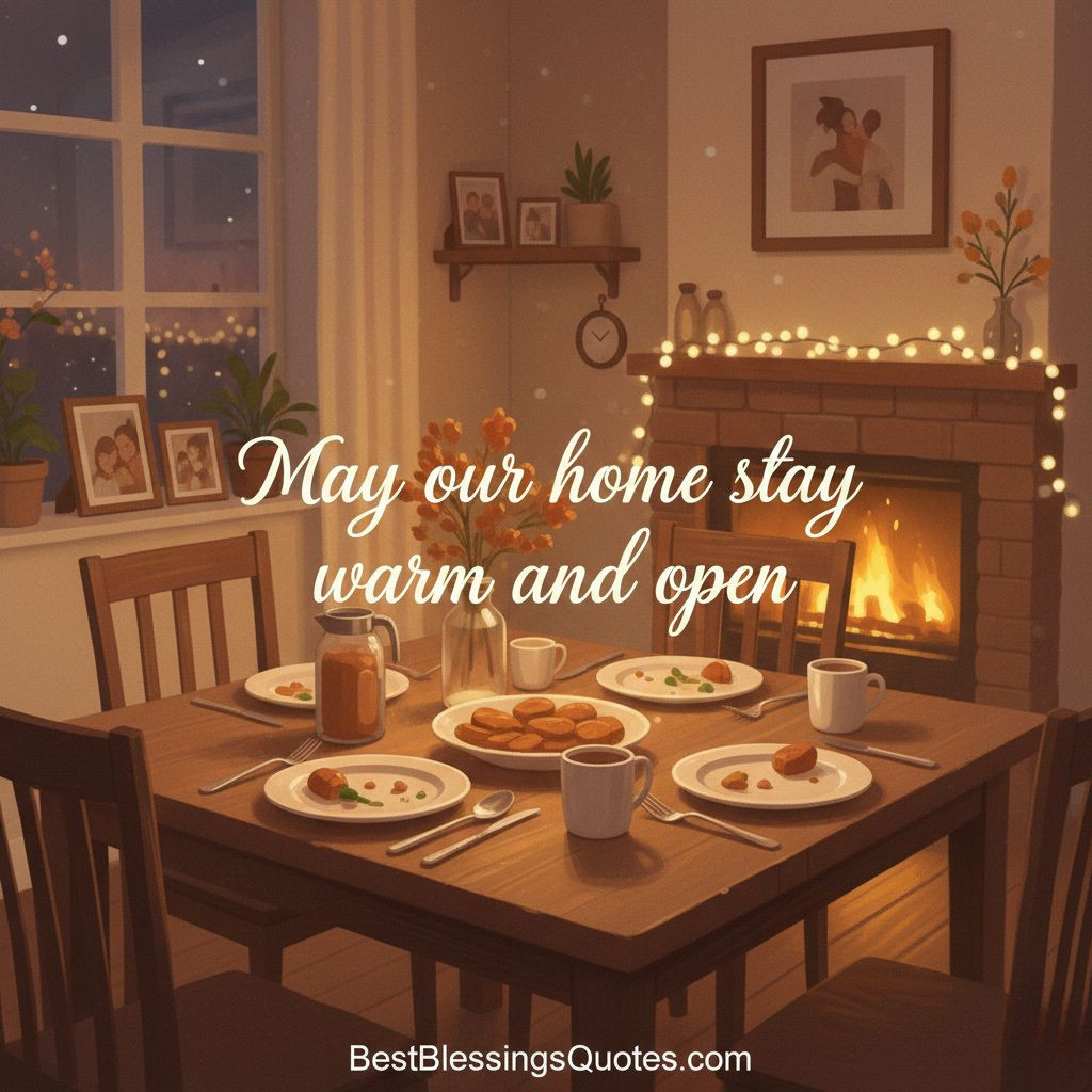 Cozy home setting with text ‘May our home stay warm and open.’ A perfect image for family blessings.