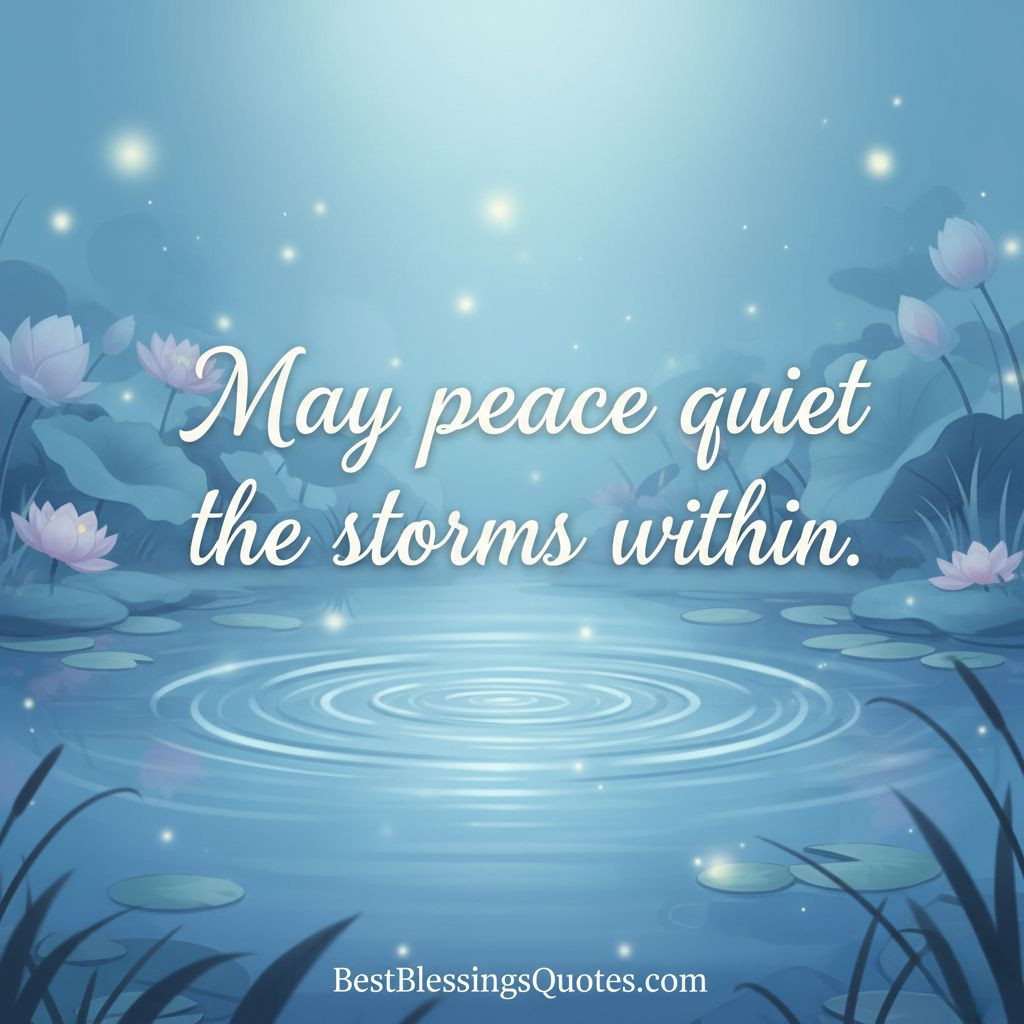 Calm water and soothing lights with text ‘May peace quiet the storms within.’ An image for healing prayers and reflection.