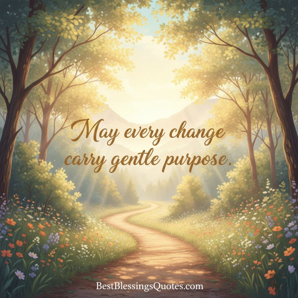 Open path with morning light and text ‘May every change carry gentle purpose.’ Ideal for life blessings.