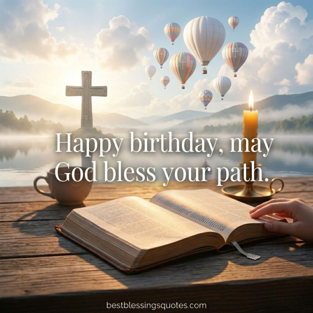 Happy birthday Christian blessings image with balloons and sky, ideal for christian happy birthday blessings and birthday christian blessings