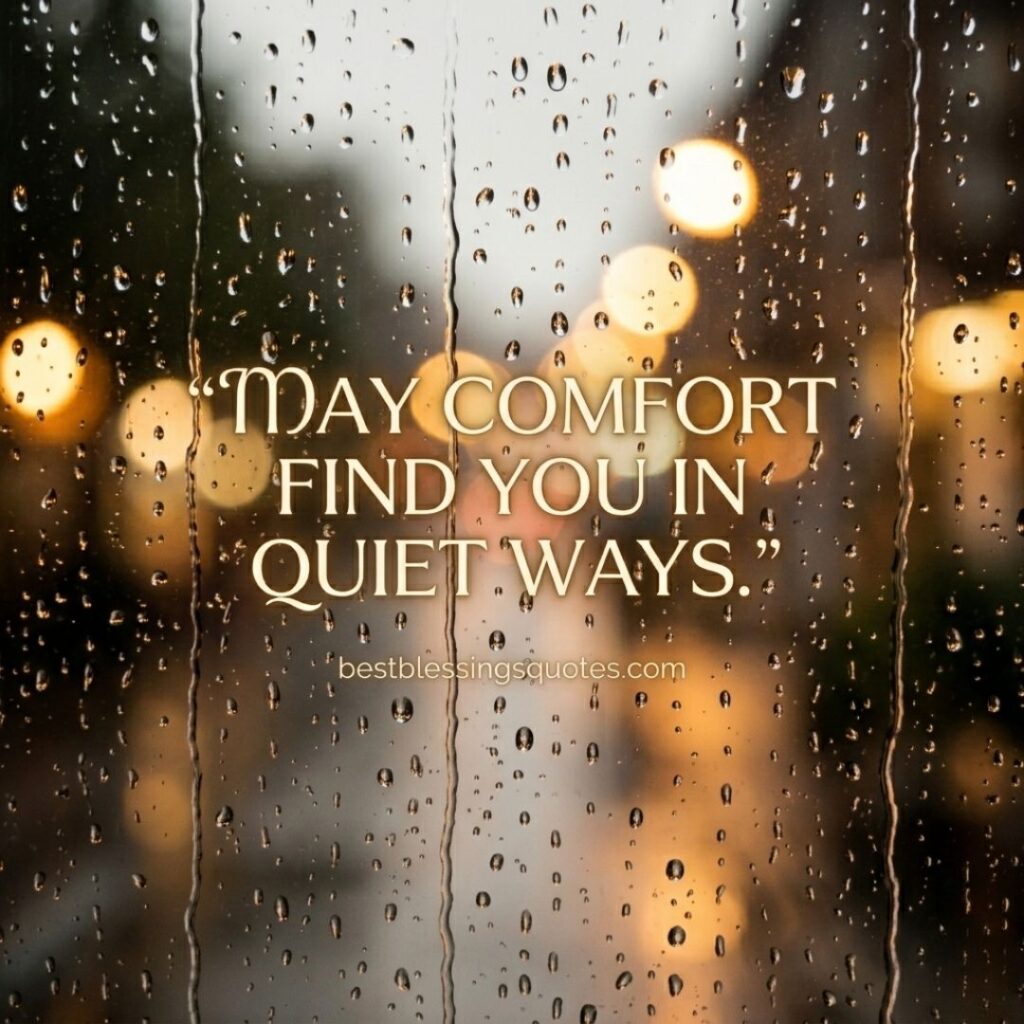 May comfort find you in quiet ways Irish blessing quote with rainy window background