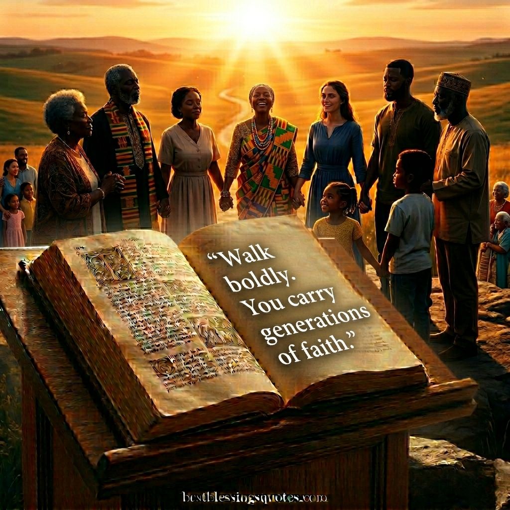 A diverse community gathering with an inspirational african american friday quote focused on faith and family blessings.