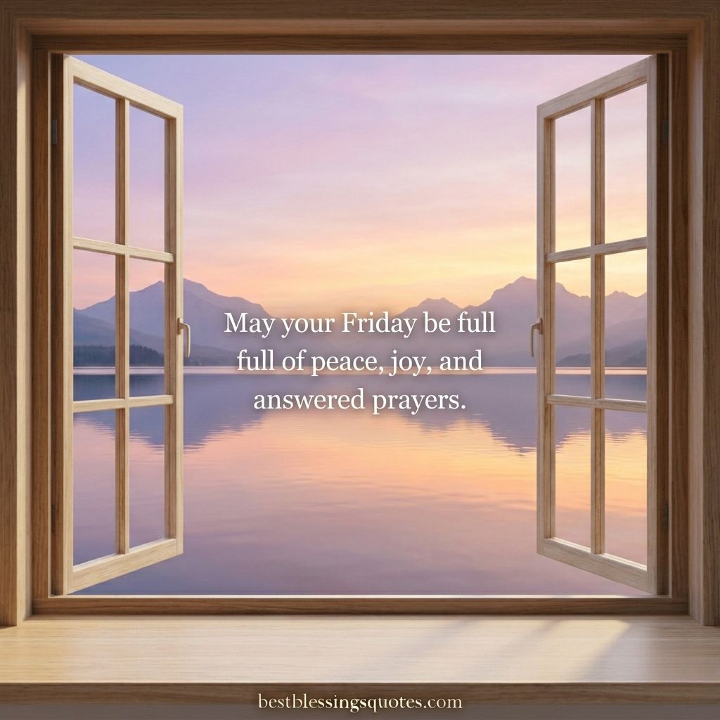 A serene lake view through a window featuring friday blessings and prayers quotes for peace and joy.