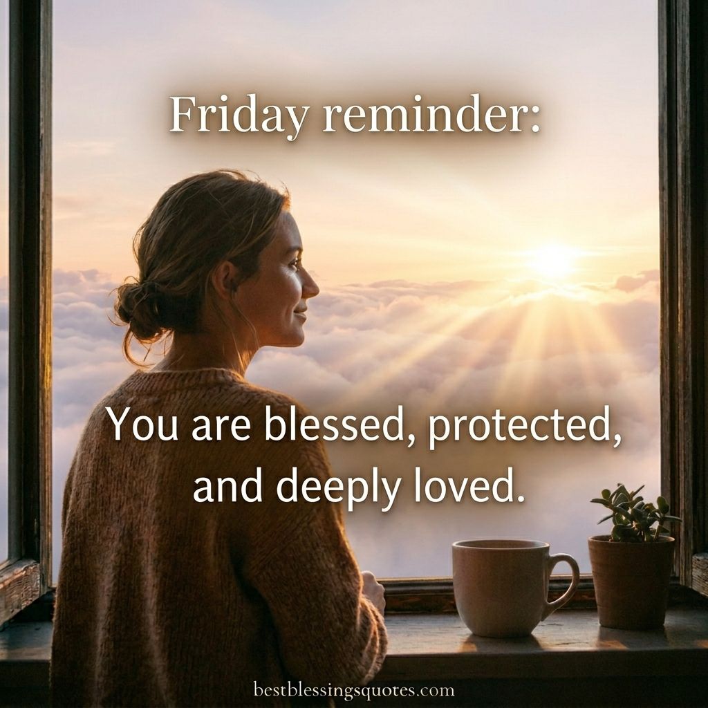 A woman looking out at a mountain sunrise with friday blessings and prayers quotes about being protected and loved.