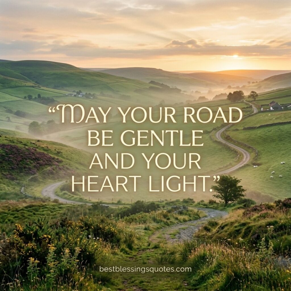 May your road be gentle and your heart light Irish blessing quote with sunrise countryside background