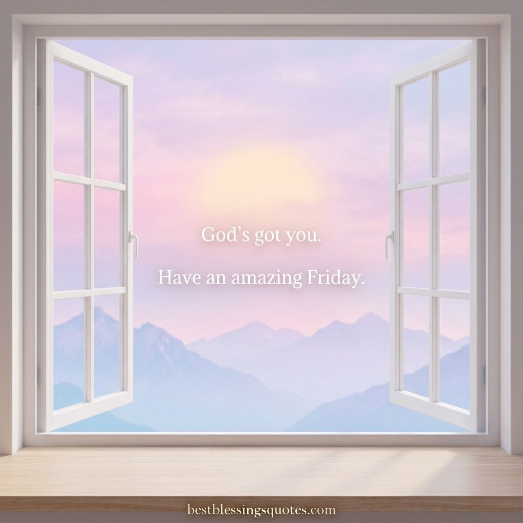 Inspirational quotes for friday blessings displayed through an open window overlooking a peaceful mountain landscape.