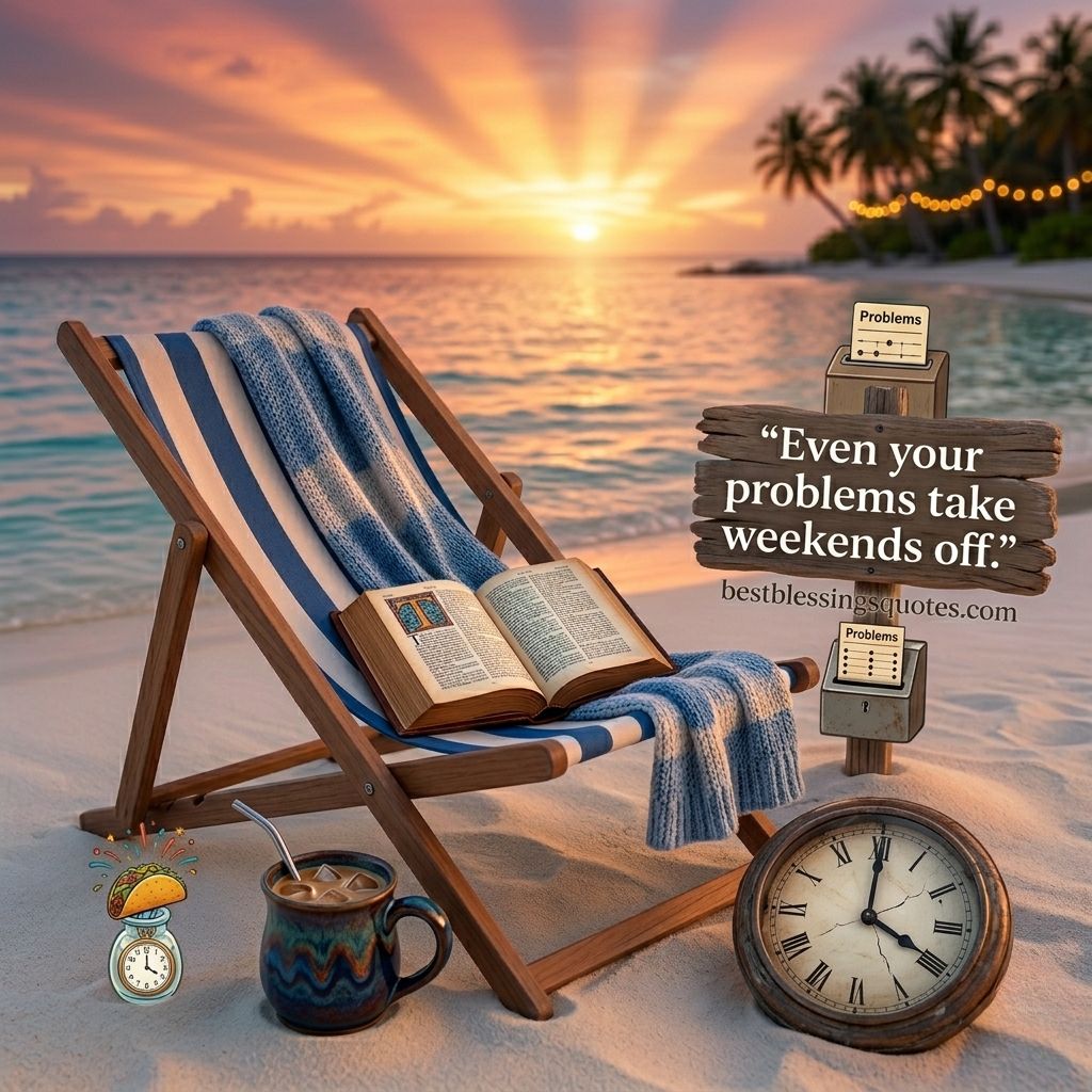 A relaxing beach scene with short friday blessings quotes, perfect for sharing the joy of the weekend with family and friends.