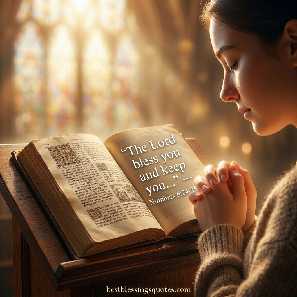A woman in prayer with an open Bible featuring friday prayer quotes and traditional religious blessings.