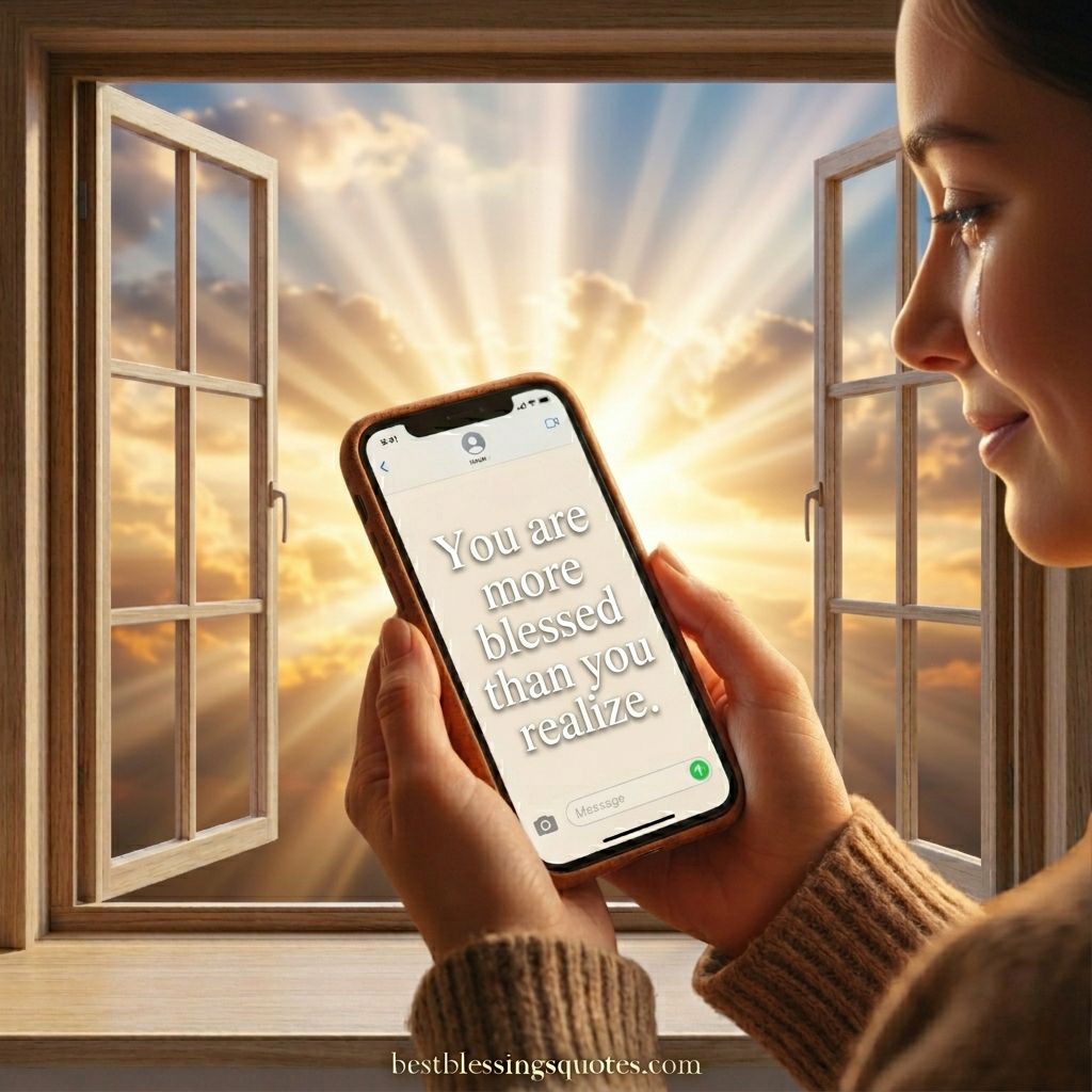 Uplifting short friday blessings quotes on a smartphone screen with bright morning sunbeams.