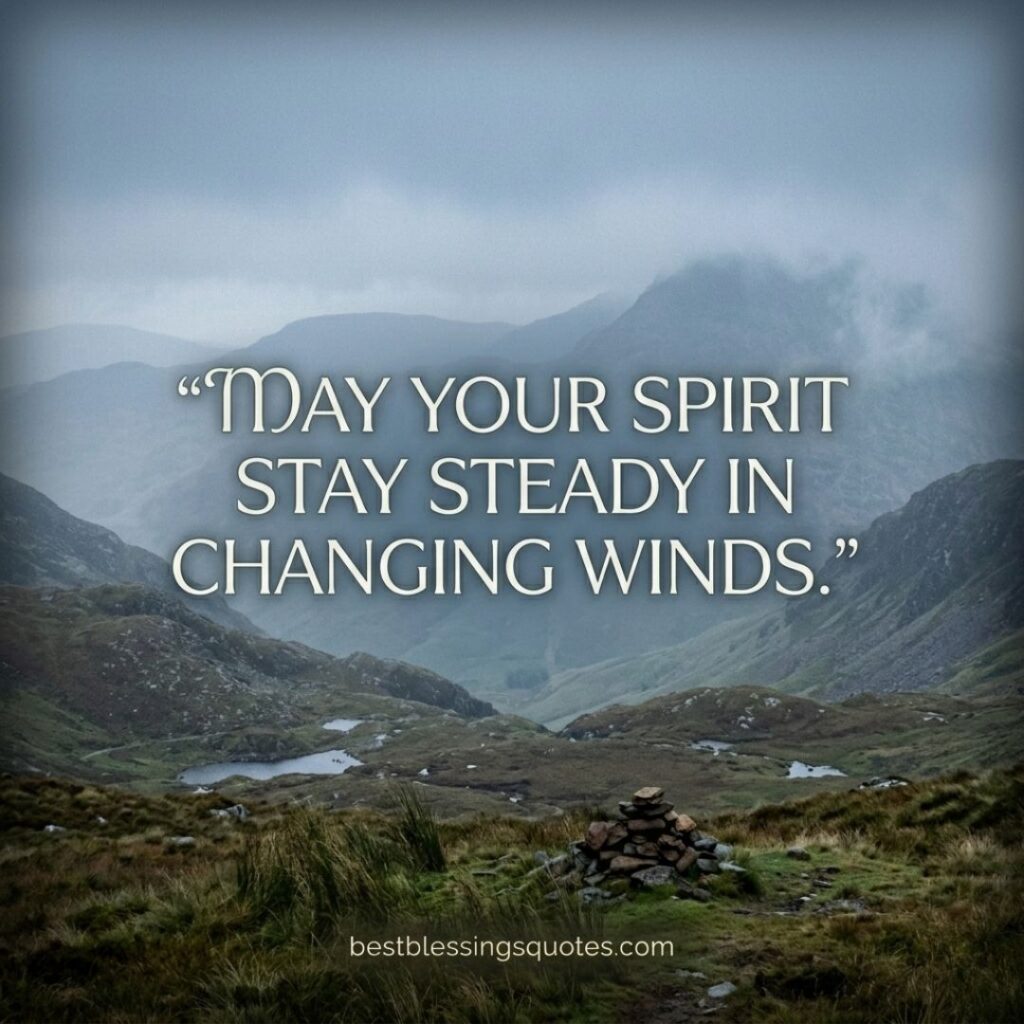 May your spirit stay steady in changing winds Irish blessing quote with misty mountain background