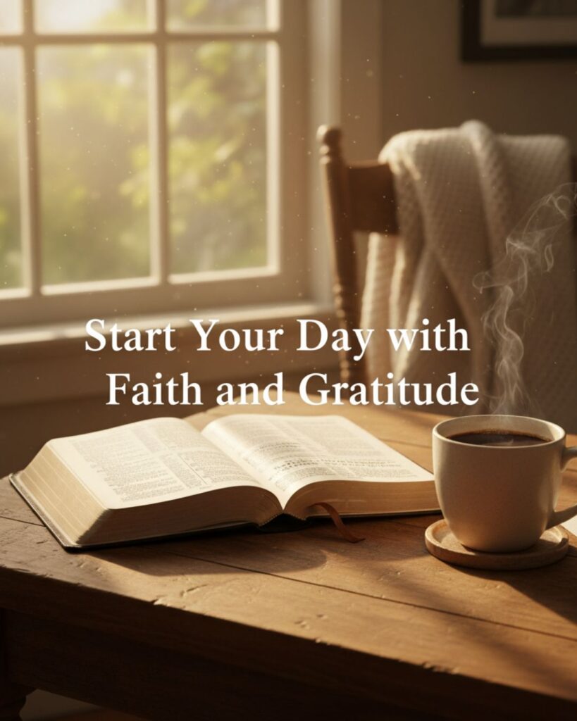 Open Bible and coffee cup on a wooden table with sunlight, symbolizing morning reflection, faith, and gratitude.
