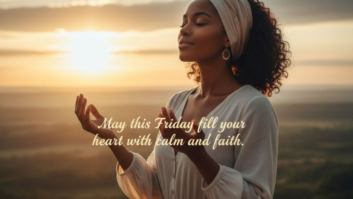 African American woman praying peacefully at sunrise, symbolizing gratitude, faith, and divine peace African American Spiritual Friday Blessings