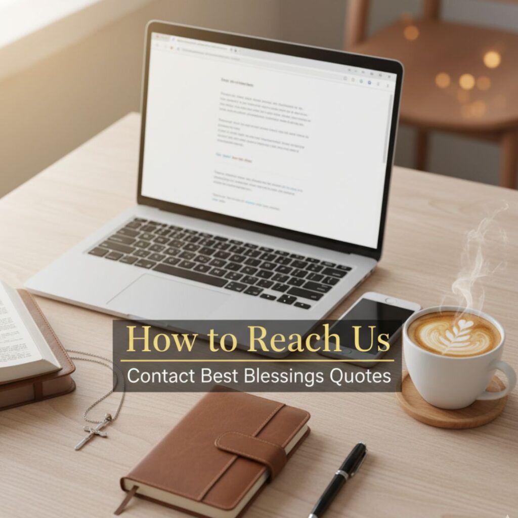 How to Reach Us – Contact Best Blessings Quotes through email or message. Flat-lay image of laptop, phone, notebook, and coffee showing connection, faith, and inspiration online.