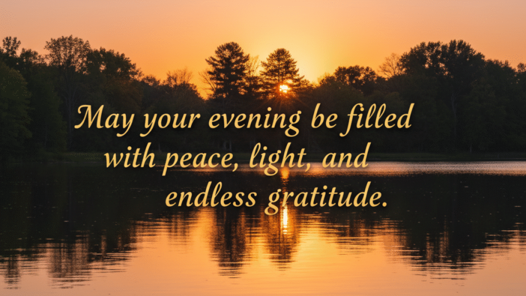 Evening Blessings with golden sunset reflecting over calm water, peaceful sky, and serene landscape symbolizing gratitude and calmness.