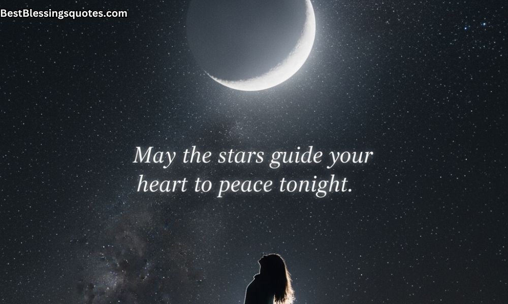 A night sky full of stars with a person looking up at the crescent moon featuring the text “May the stars guide your heart to peace tonight.