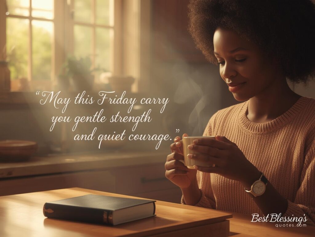 African American woman enjoying a peaceful Friday morning with coffee and prayer, reflecting spiritual Friday blessings filled with faith, strength, and gratitude.