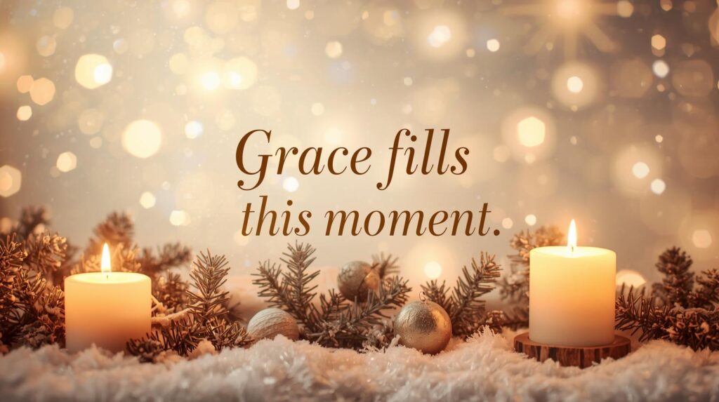 Warm, cozy, and uplifting Christmas-themed featured image with soft glowing fairy lights, subtle snowflakes, and holiday decorations like candles and pine branches, featuring the quote “Grace fills this moment.” Realistic, Canva-style design perfect for social media, Pinterest, and blog use.