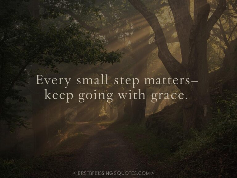 Winding forest path with sunlight breaking through, representing progress and courage. Quote: “Every small step matters—keep going with grace. New year blessings