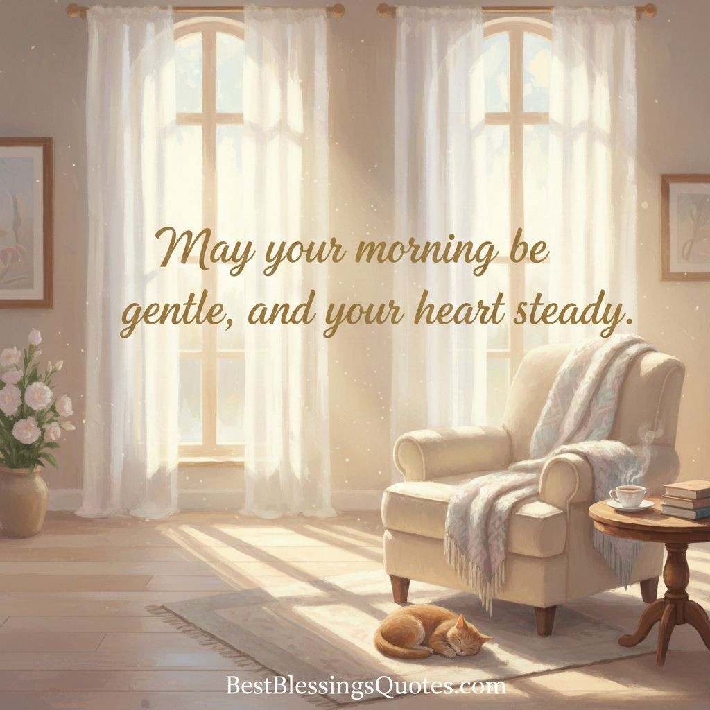 Soft morning light with cozy vibes and text ‘May your morning be gentle, and your heart steady.’ A perfect morning blessings image for sharing.