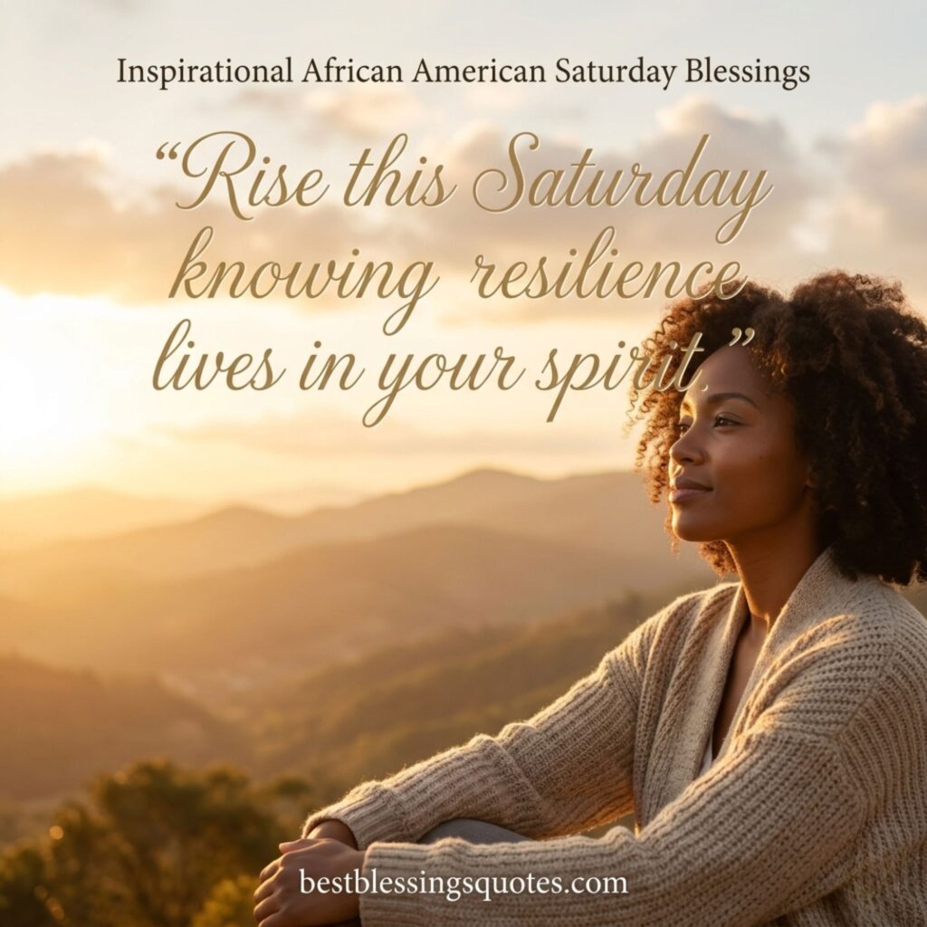 African American Saturday blessings quote with sunrise and uplifting message about strength and hope.