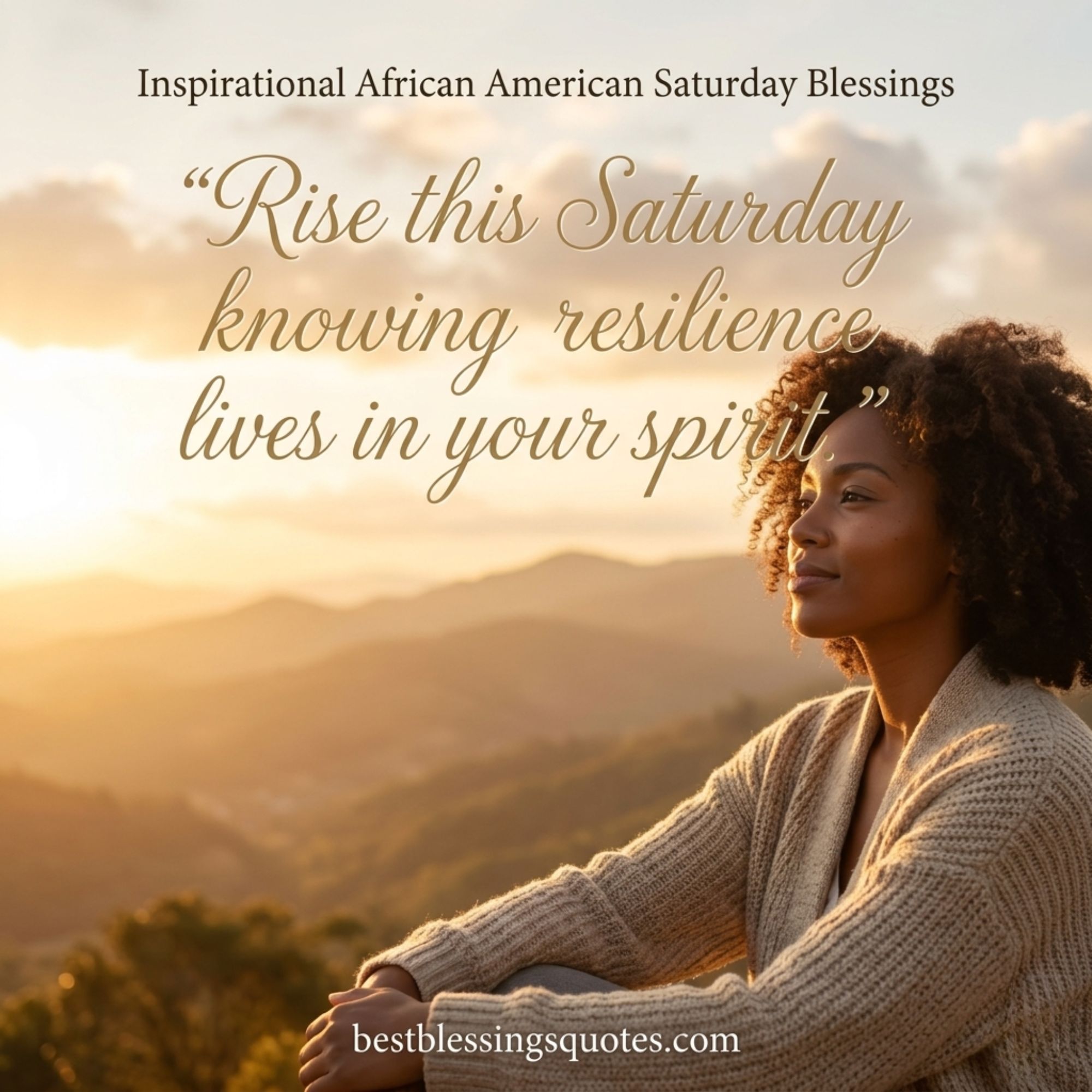 African American Saturday blessings quote with sunrise and uplifting message about strength and hope.