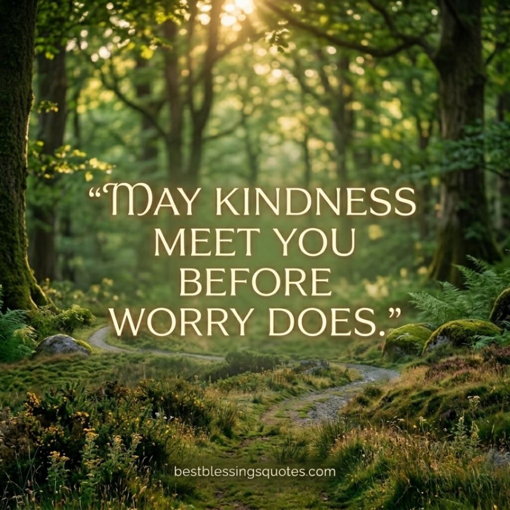 May kindness meet you before worry does Irish blessing for friend with green forest background
