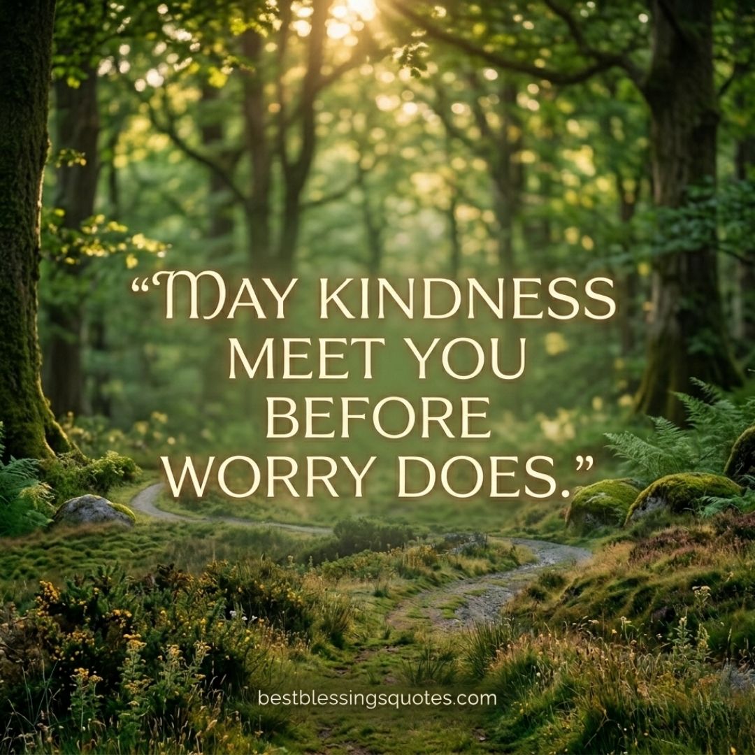 May kindness meet you before worry does Irish blessing for friend with green forest background