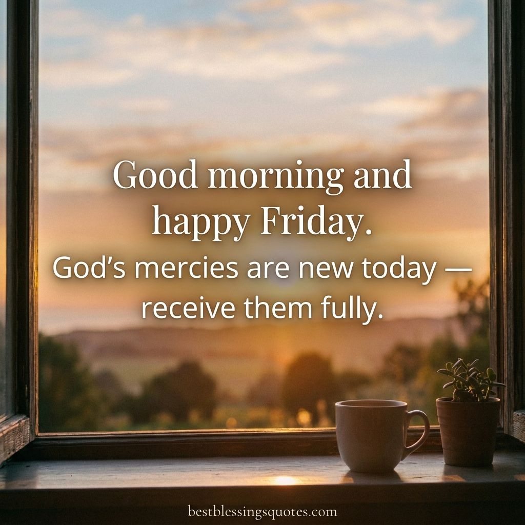 A peaceful morning window view with a coffee cup featuring short friday blessings quotes about God's new mercies.