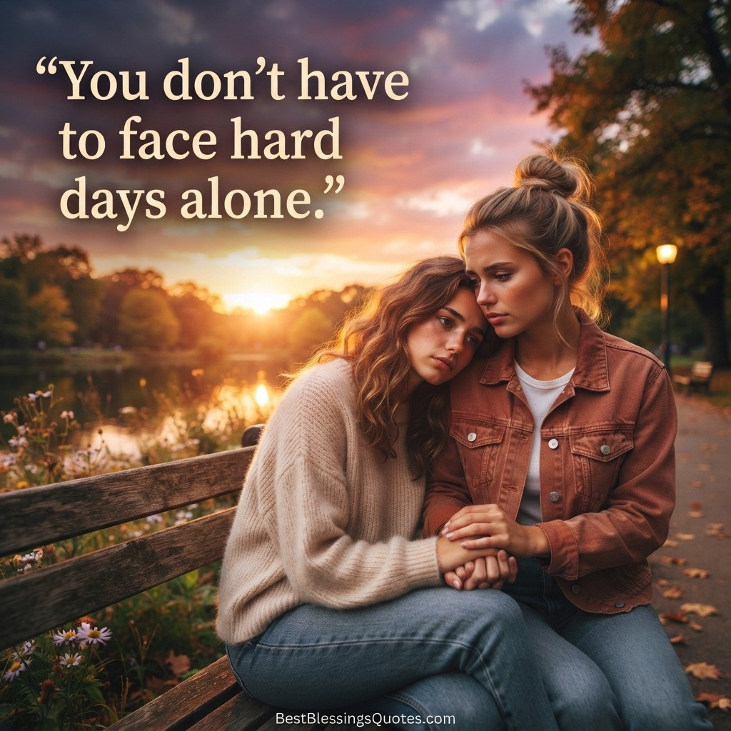 One friend comforting another on a park bench at sunset with a supportive good evening quote.
