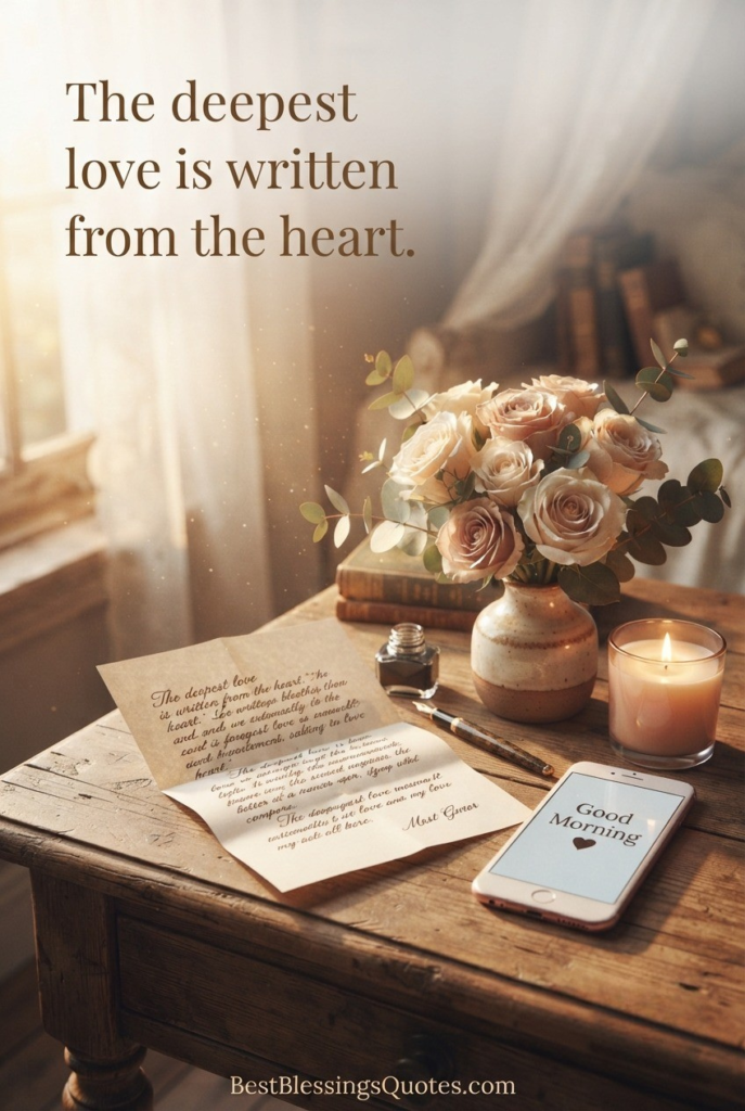 A handwritten love letter with roses, coffee, and a heartfelt good morning message for him on a vintage desk.
