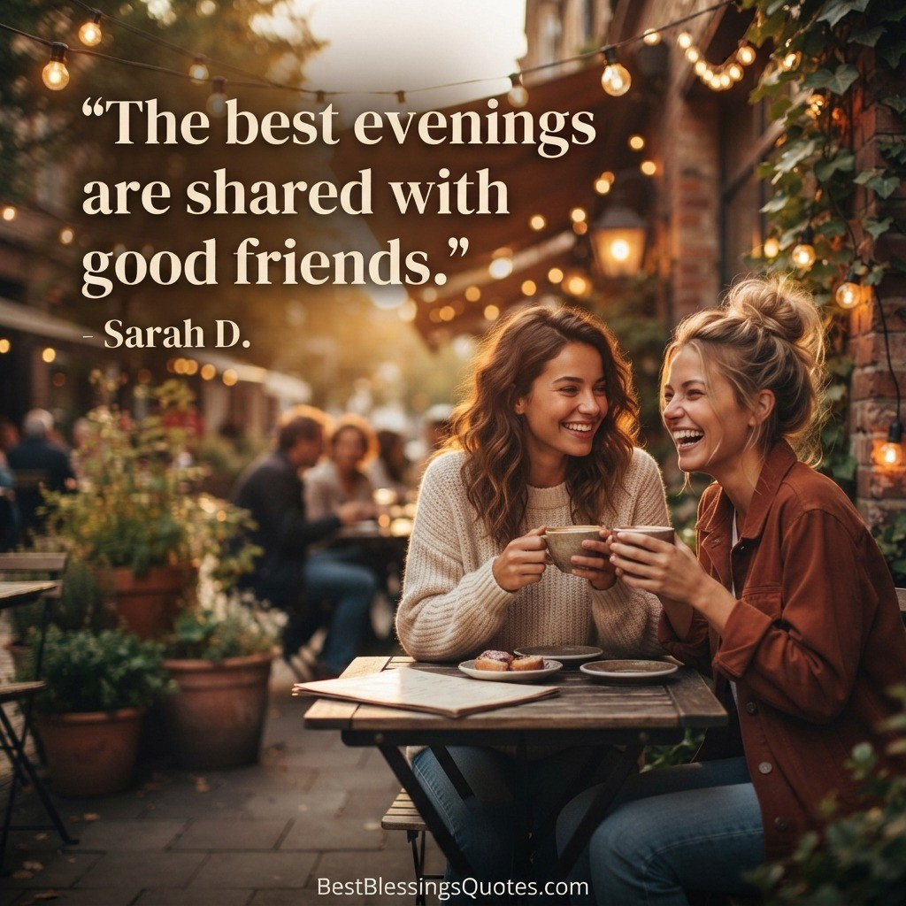Two best friends enjoying coffee at sunset with a heartwarming good evening friendship quote.