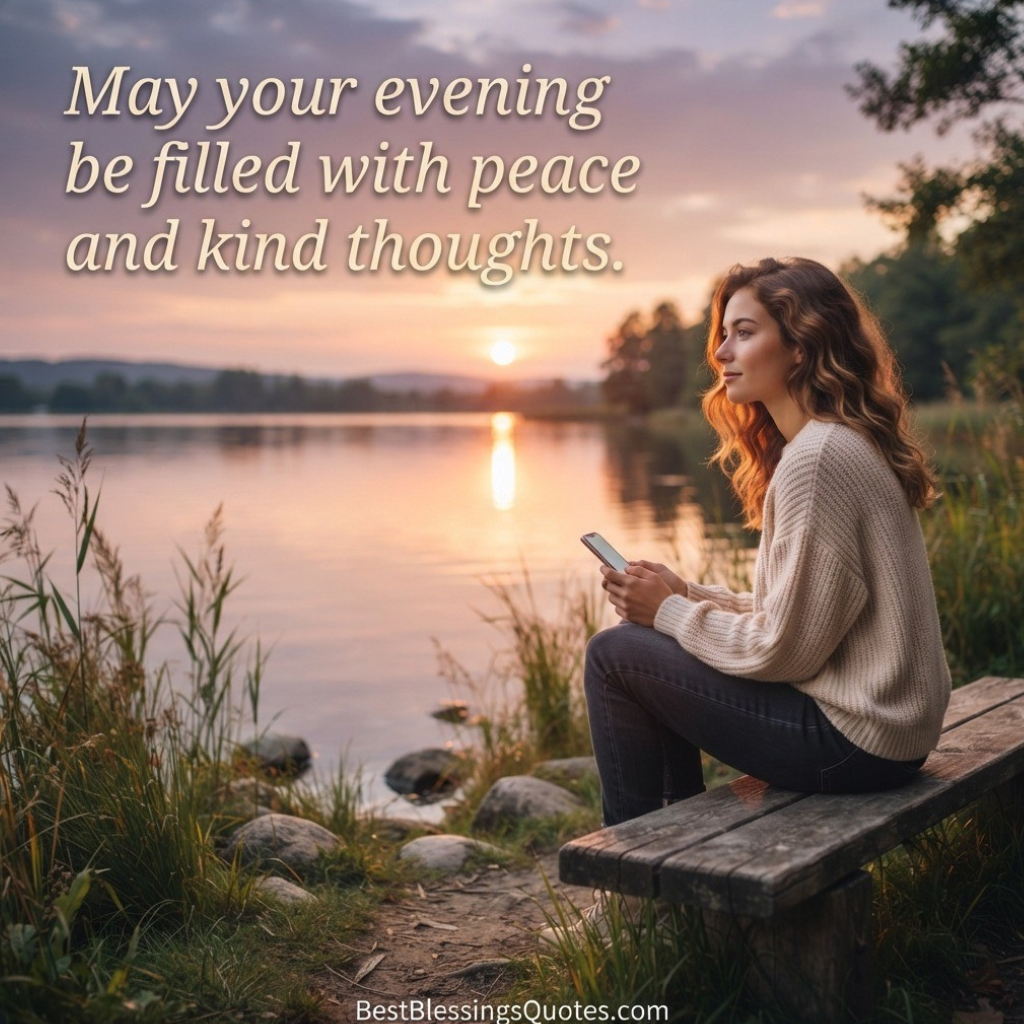 Peaceful mountain and lake sunset landscape featuring an uplifting good evening quote about hope and tomorrow.