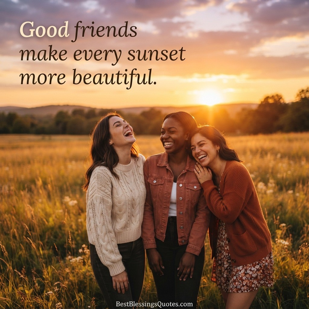 Three happy friends laughing together during golden hour with a beautiful good evening friendship quote.