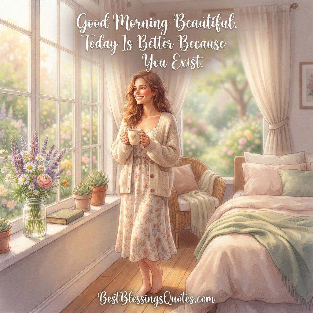 Woman enjoying a peaceful morning with a romantic good morning message.