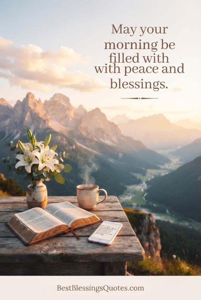 A peaceful sunrise with coffee, flowers, and an inspirational good morning blessing for him.