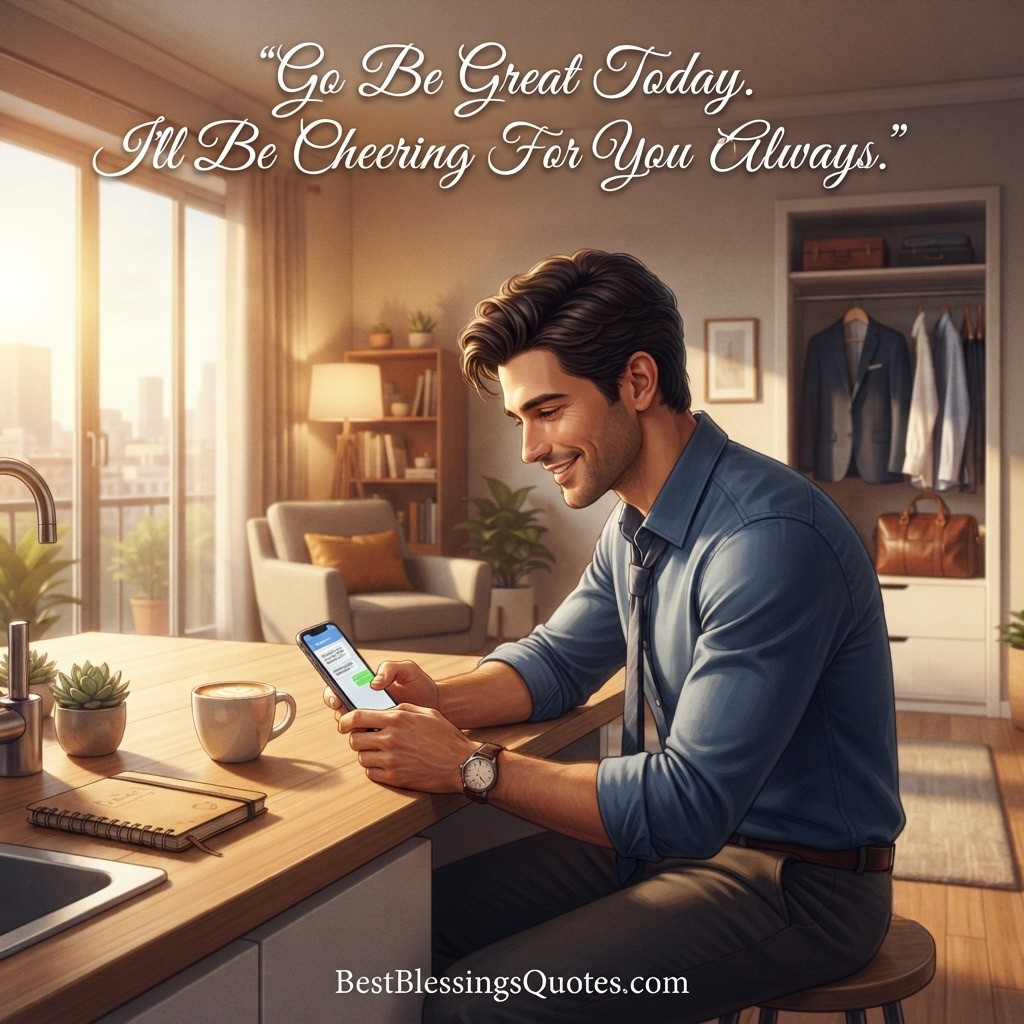 Man reading a sweet good morning text before starting his day.