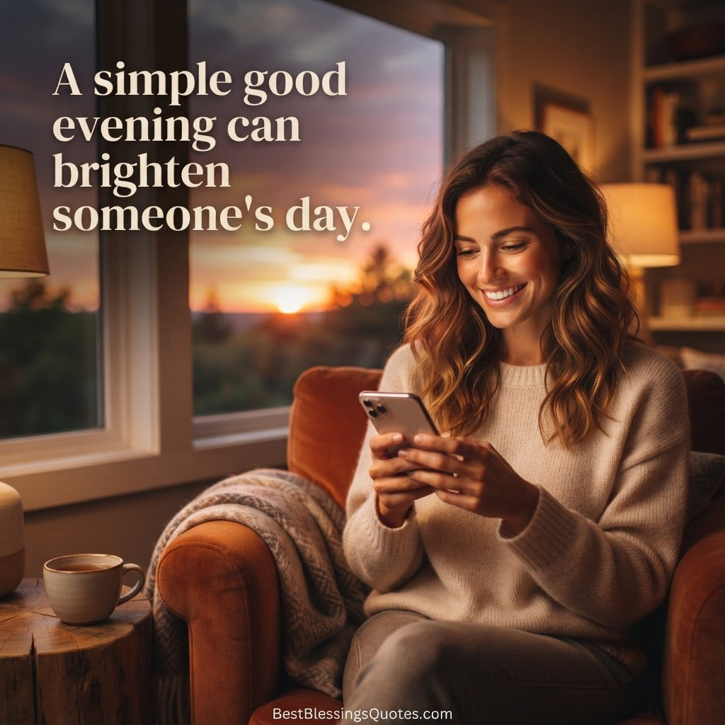 Person smiling while reading a heartfelt good evening message near a sunset window with an inspiring friendship quote.
