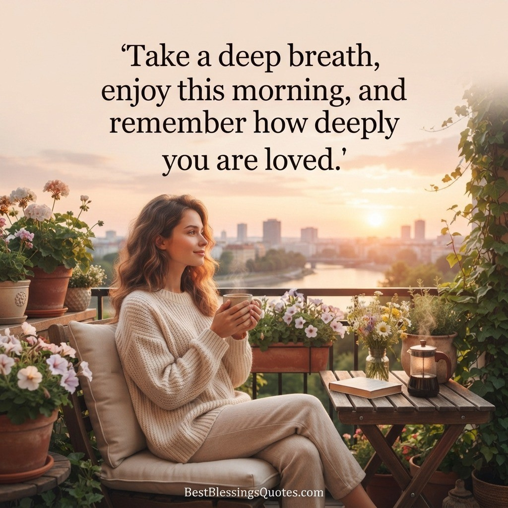 A woman reading a romantic good morning message on her balcony at sunrise.